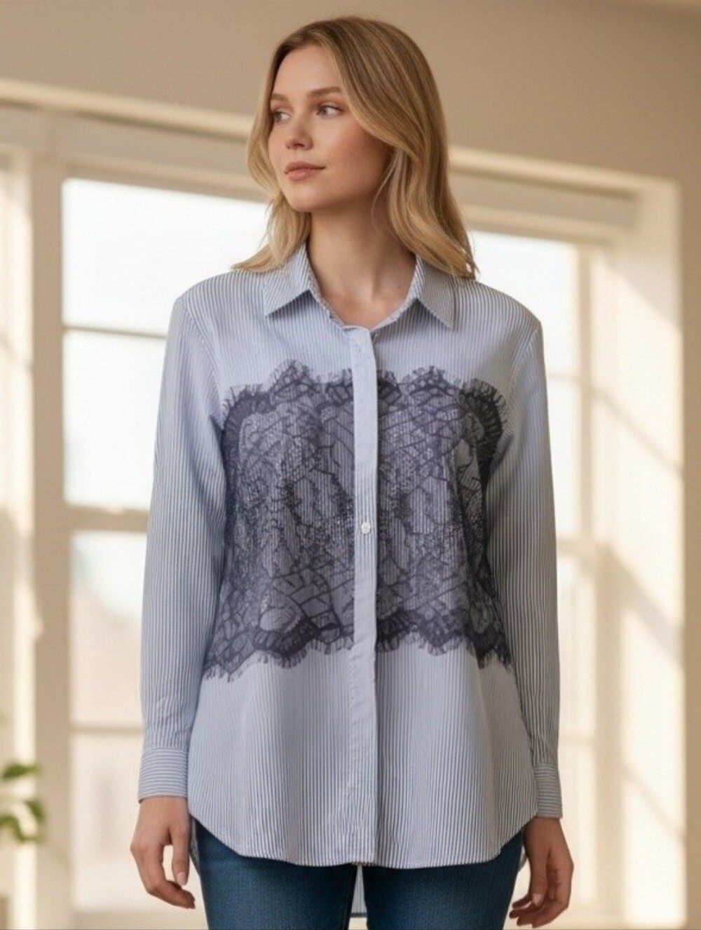 OVI-Striped Button-Down Top with Lace Panel  #BL32